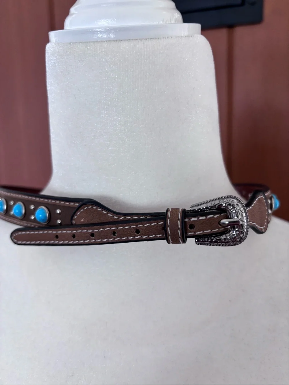 Western Brown Leather Hatband Turquoise Conchos Silver Buckle Adjustable 28
